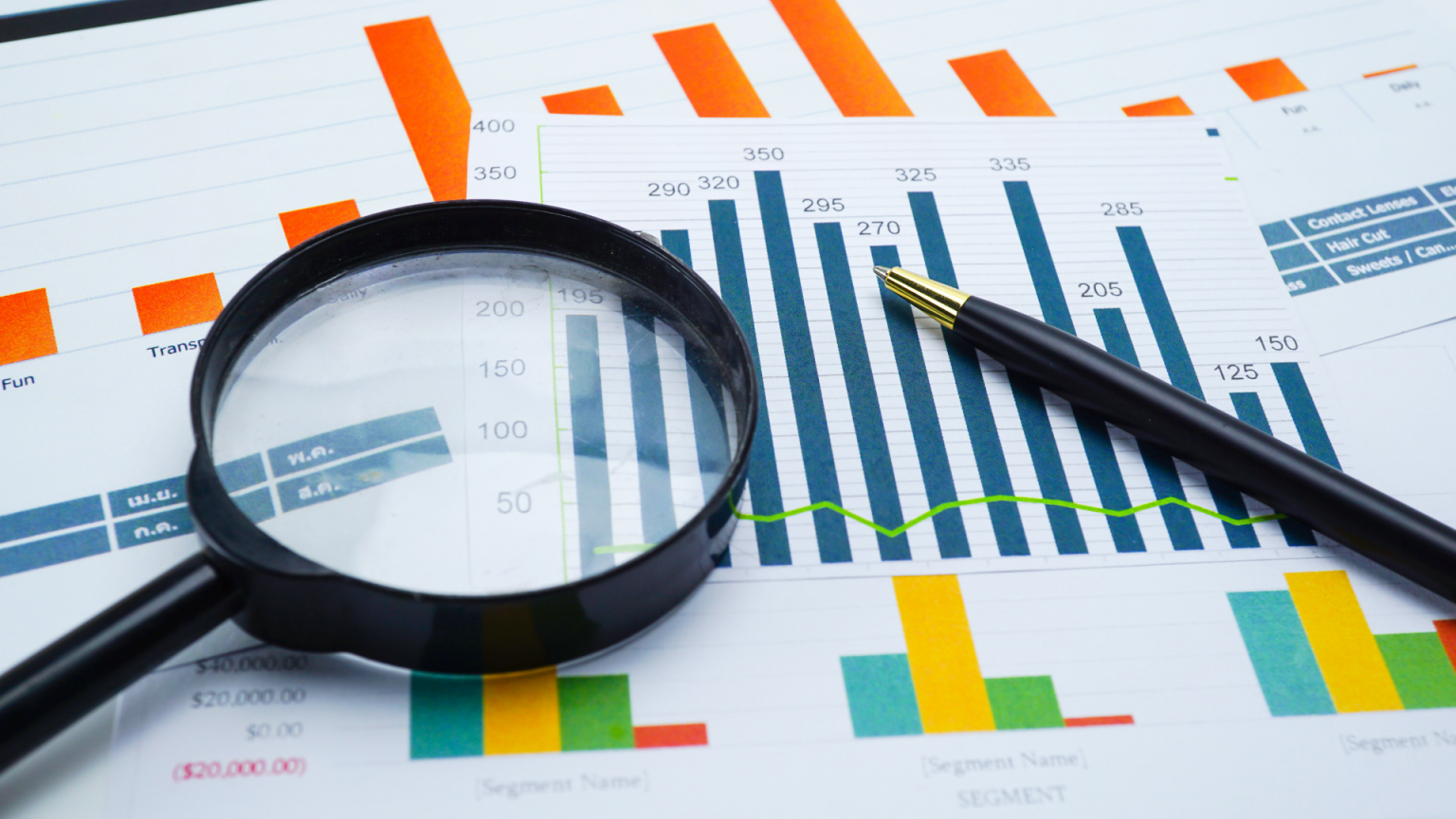 Analyse de rentabilité pour un dossier bancaire investissement locatif avec graphiques financiers, loupe et stylo