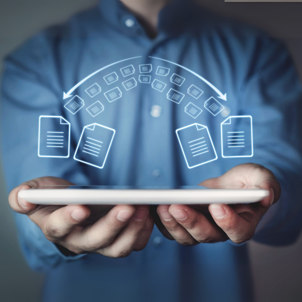 Transfert et organisation de documents numériques pour un dossier bancaire d’investissement locatif, visualisé sur tablette
