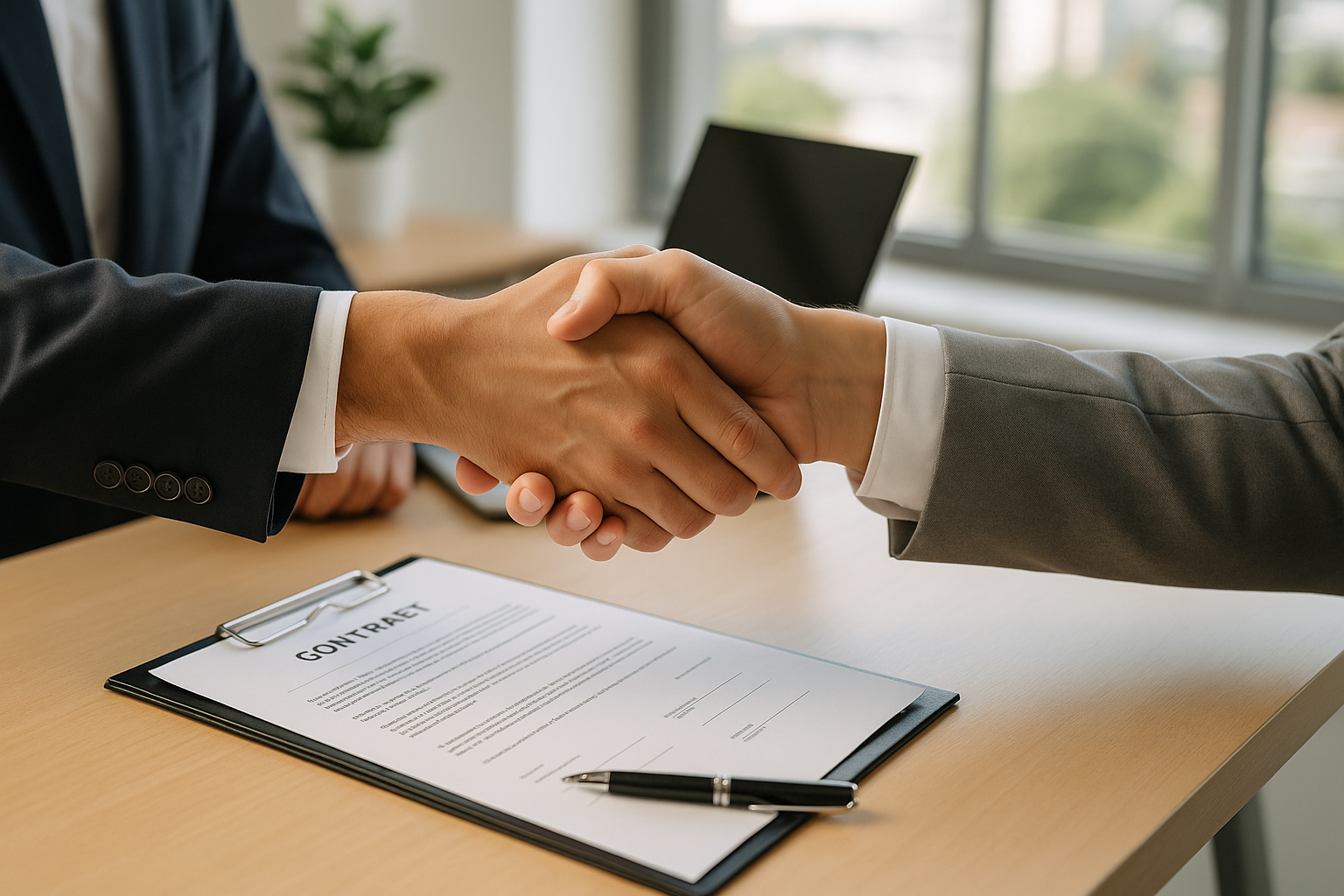 deux mains qui se sert dans un bureau