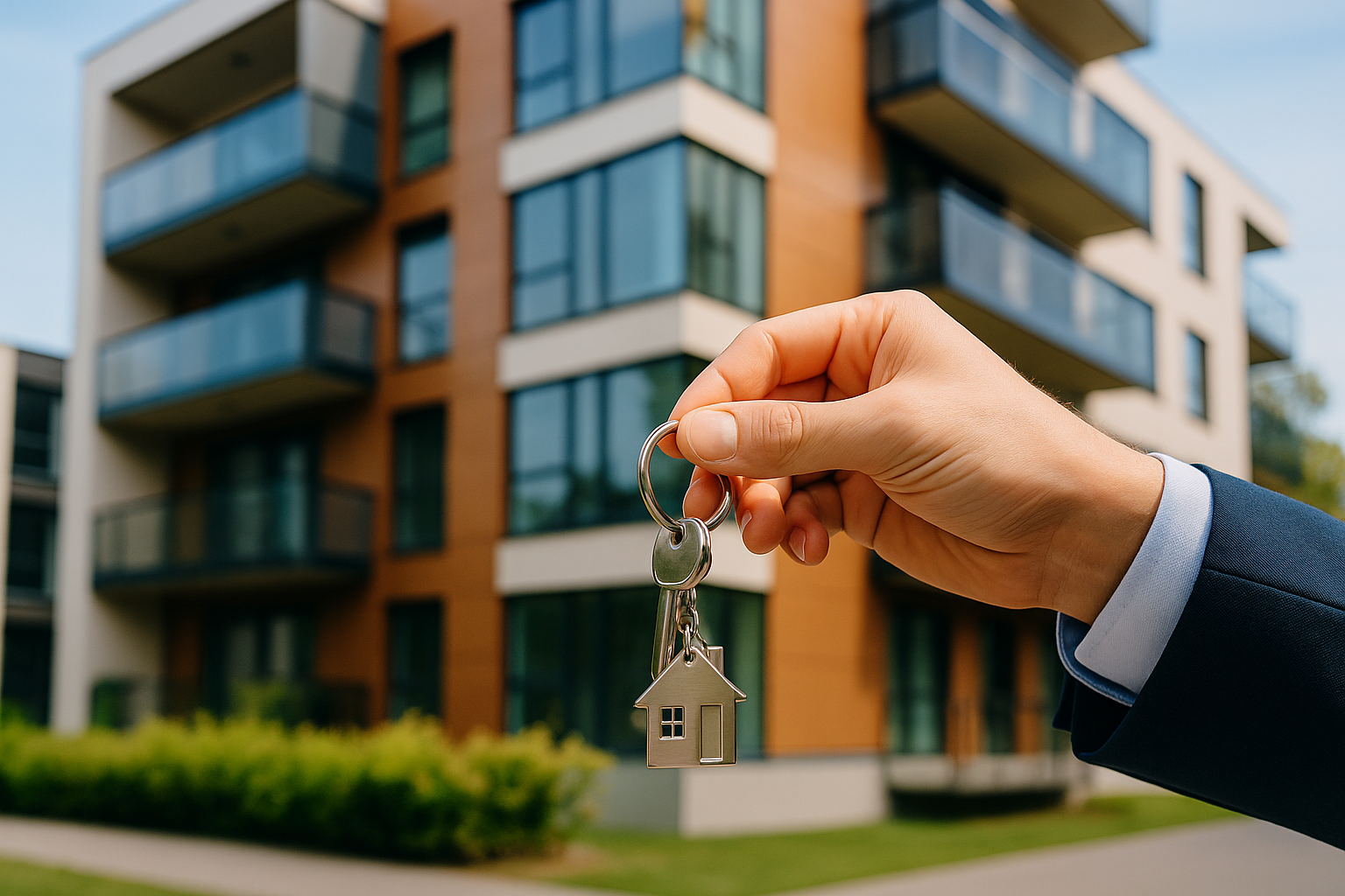 Immeuble en fond avec la main d'une personne tenant une clés